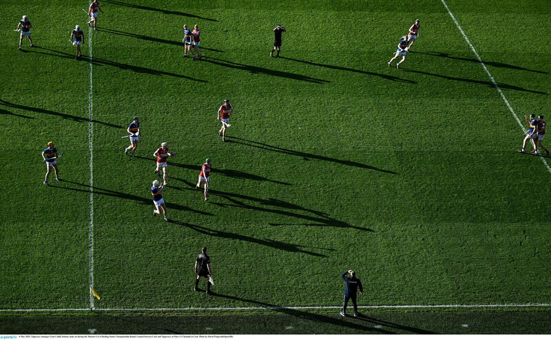 Tipperary manager Liam Cahill, bottom, looks on during the Cork-Tipperary Munster SHC game at Páirc Uí Chaoimh. Picture: David Fitzgerald/Sportsfile
