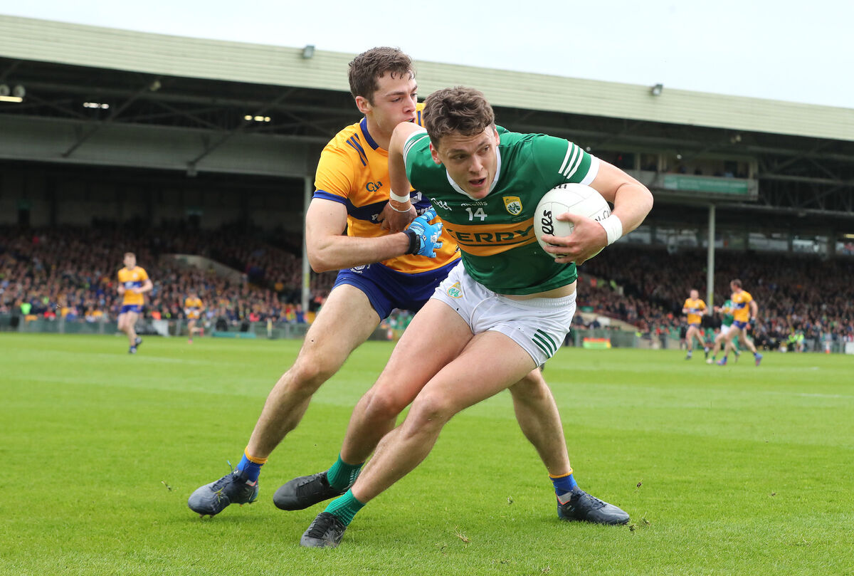 Kerry's David Clifford and Cillian Brennan of Clare in action on Sunday afternoon in the Munster final. Picture: INPHO/Bryan Keane Kerry's David Clifford and Cillian Brennan of Clare in action on Sunday afternoon in the Munster final. Picture: INPHO/Bryan Keane