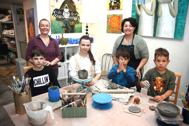 Pottery workshop for Ukrainian families by artist Karina Killeen (rear right) at Shandon Art Studio. Picture: Larry Cummins. Pottery workshop for Ukrainian families by artist Karina Killeen (rear right) at Shandon Art Studio. Picture: Larry Cummins.