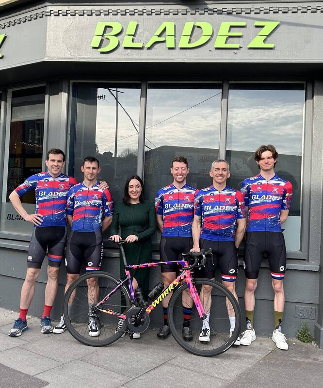 Blarney Cycling Club team members (from left) Eoin Allen, James O'Sullivan, Mark O'Donovan, Martin Pinfield and Kieran Hull pictured with Lorraine Hull outside Bladez Barbers on Sheares St. Blarney Cycling Club team members (from left) Eoin Allen, James O'Sullivan, Mark O'Donovan, Martin Pinfield and Kieran Hull pictured with Lorraine Hull outside Bladez Barbers on Sheares St.