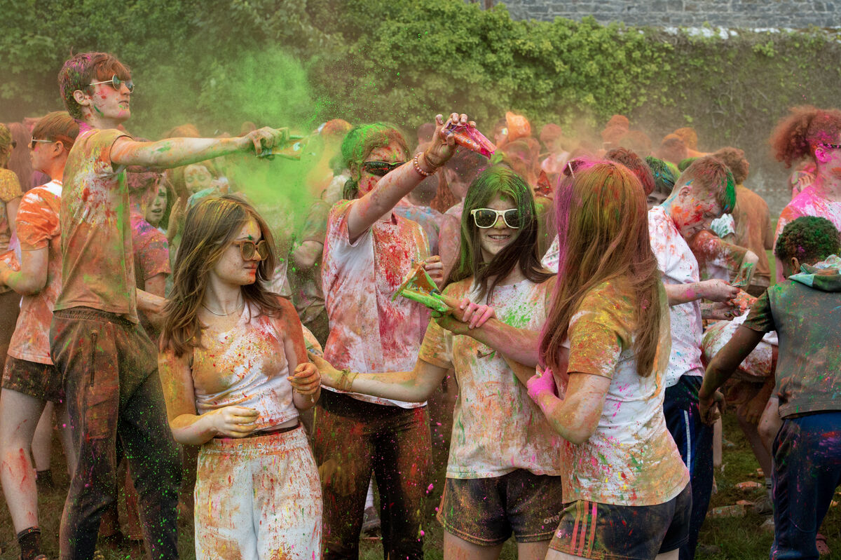  Midleton College pupils who took part in the color splash during their Holi Fest event to raise funds for the Hope Foundation and their work in Kolkata. Picture: Dan Linehan