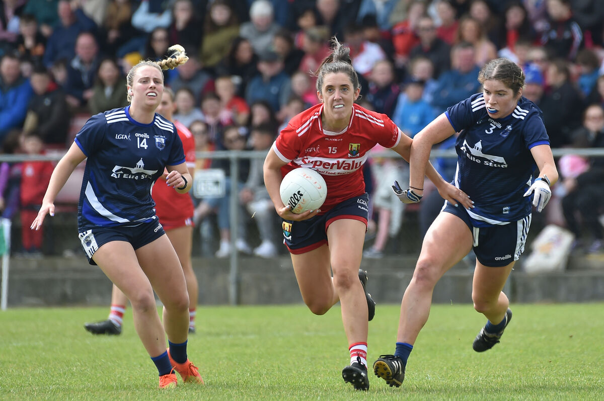 Ciara O'Sullivan, Cork getting between Annie Fitzgerald an dEve Power of Waterford during their Munster LGFA senior football championship Round 3 at Clonakilty, West Cork. Picture Dan Linehan
