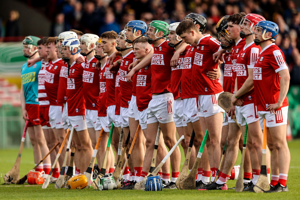 The Cork team stand for the national anthem. Picture: INPHO/Ben Brady