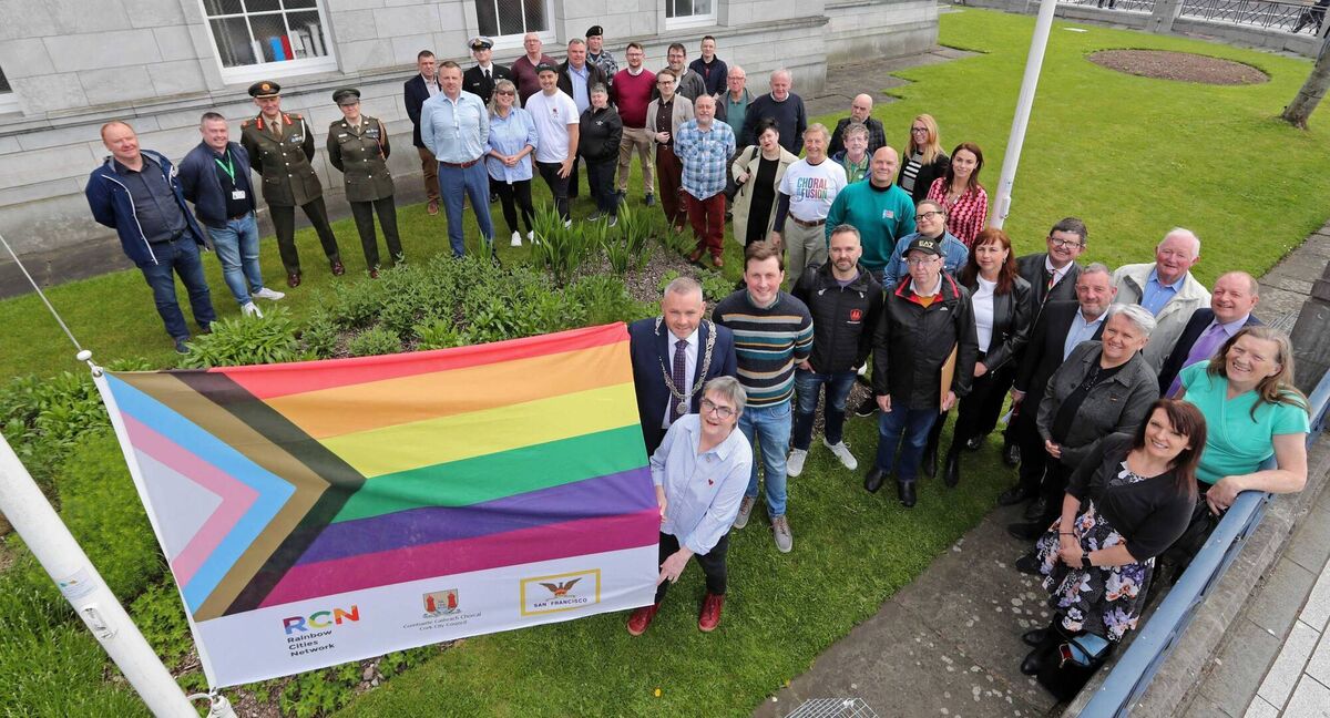 Pictured are, Cllr John Maher, deputising for the Lord Mayor and Siobhan O'Dowd, Chairperson LGBTI+ InterAgency Group, members of the LGBTI+ InterAgency Group and guests, at the launch of the 2023 LGBTI+ Awareness Week, IDAHOBIT - Together Always, United in Diversity, at Cork City Hall. Picture: Jim Coughlan. 