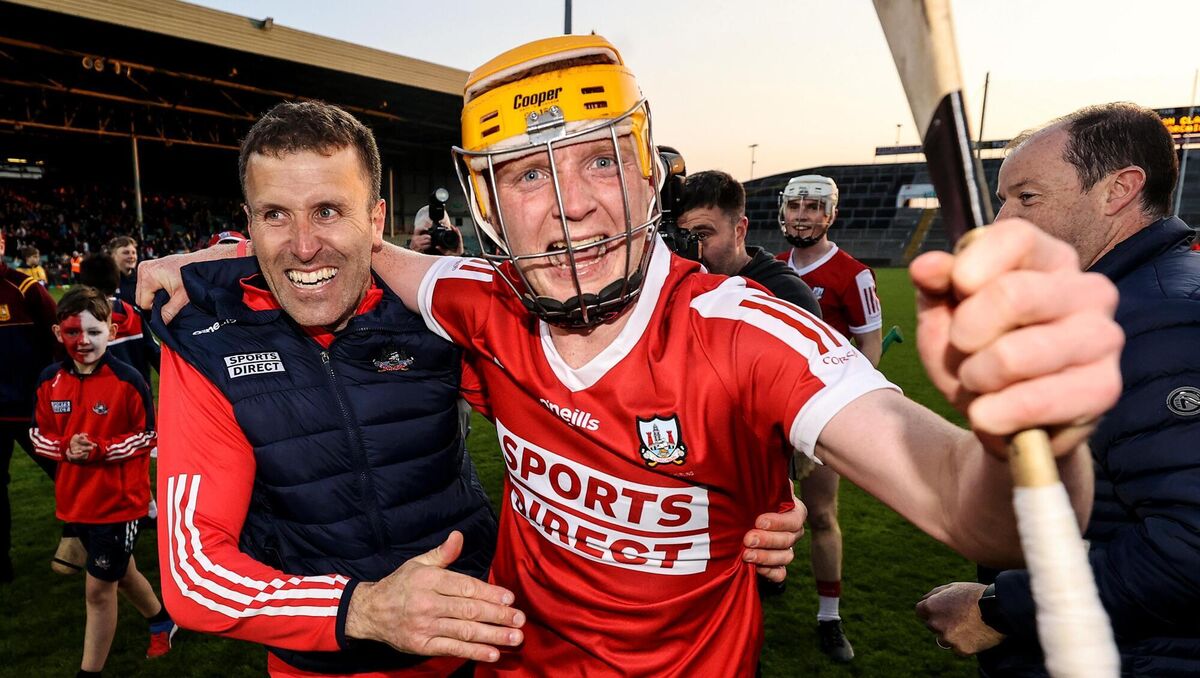 Cork manager Ben O'Connor celebrates with Ross O'Sullivan after the win over Clare. Picture: Inpho/Ben Brady
