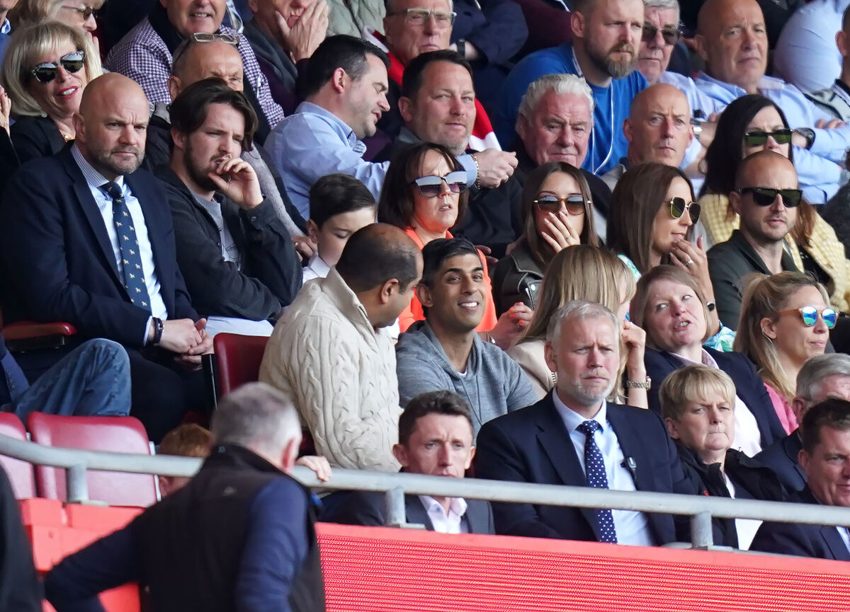 UK prime minister Rishi Sunak (centre) in the stands during the Premier League match at St Mary's Stadium, Southampton on Saturday. Picture: Adam Davy/PA Wire UK prime minister Rishi Sunak (centre) in the stands during the Premier League match at St Mary's Stadium, Southampton on Saturday. Picture: Adam Davy/PA Wire