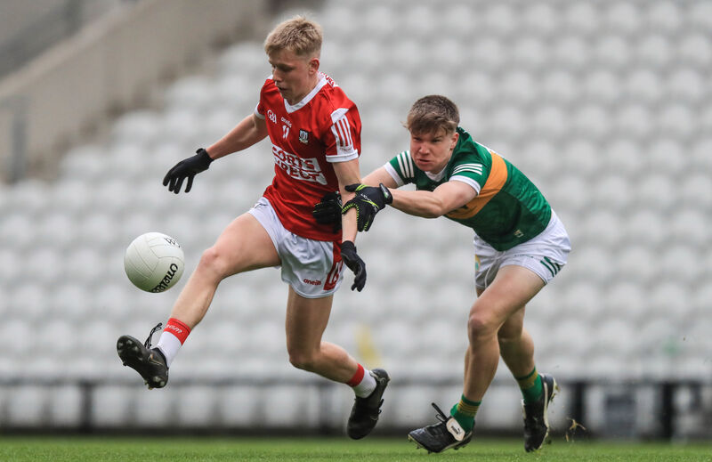 Cork’s Dara Sheedy breaking away from Aodhna O’Beaglaoich of Kerry in the recent Munster MFC quarter-final at Pairc Ui Chaoimh. NPHO/Evan Treacy