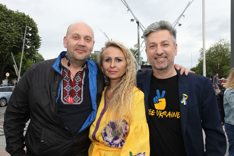 Victor Danyluk, Sveatlana Zakharova and Voyieck Bialek taking part in Vyshyvanka Day on Grand Parade, Cork. Picture: David Creedon