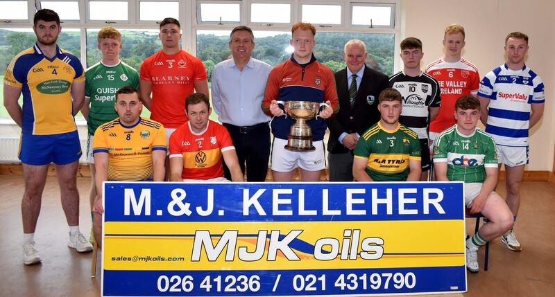 Representatives of the participating clubs in the Junior A Hurling Championship at the Muskerry Division championships' launch at Cloughdubh. Included are Bryan O'Donovan of sponsors, MJK Oils, Ed Warren, Vice Chairman and Colin O'Flynn, Ballinora, current holders of trophy.