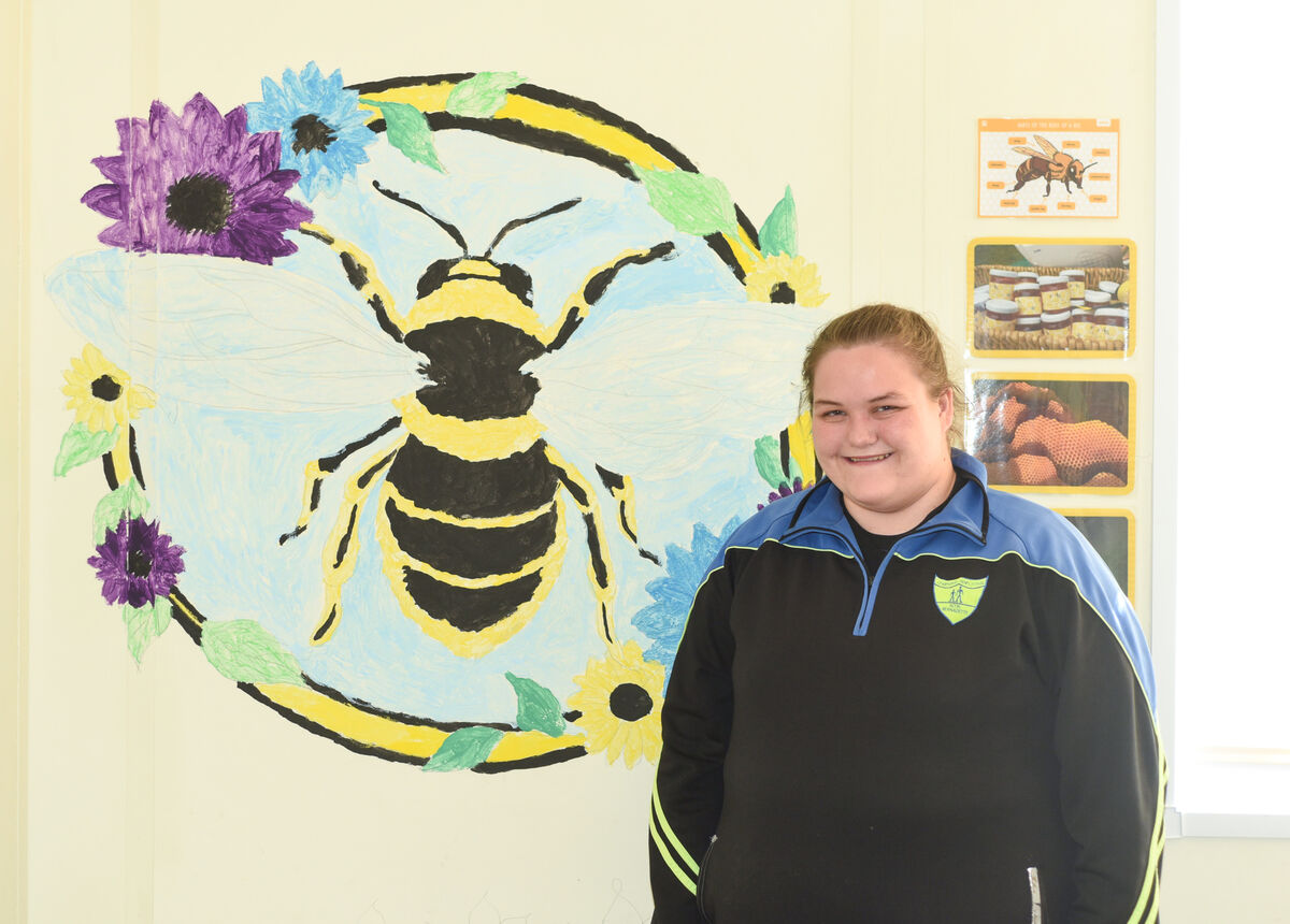 Sophie Looney from Scoil Bernadette smiles for the camera next to her artwork on display at the school as part of The Big Idea competition. Picture: Cian O'Regan. Sophie Looney from Scoil Bernadette smiles for the camera next to her artwork on display at the school as part of The Big Idea competition. Picture: Cian O'Regan.