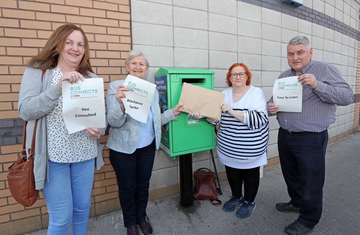 Patrica Carroll, Joan Lewis, Grainne and Con O'Donnell. Residents representing Kilcully/Ballincrokig, Dublin Hill and Kilbarry Cottages, post submissions to BusConnects regarding the latest draft of the sustainable transport corridor proposals, at Blackpool post box, Blackpool Shopping Centre. Picture: Jim Coughlan. Patrica Carroll, Joan Lewis, Grainne and Con O'Donnell. Residents representing Kilcully/Ballincrokig, Dublin Hill and Kilbarry Cottages, post submissions to BusConnects regarding the latest draft of the sustainable transport corridor proposals, at Blackpool post box, Blackpool Shopping Centre. Picture: Jim Coughlan.