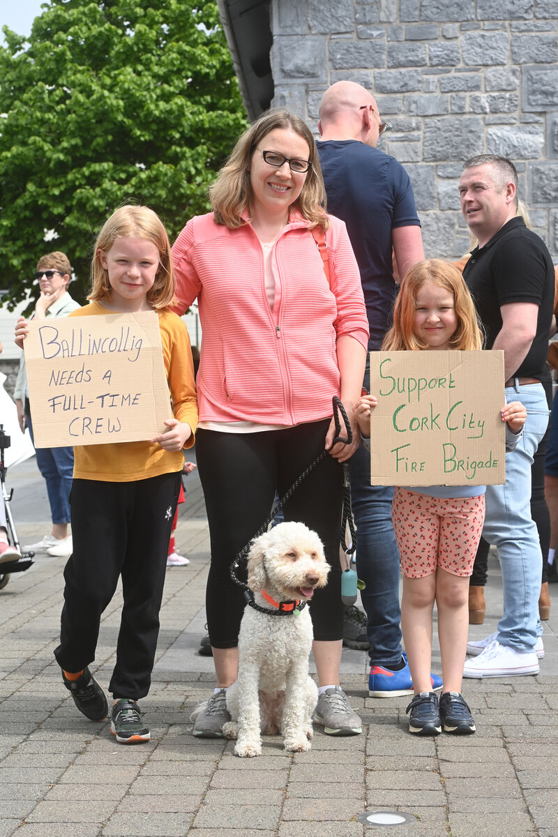 Ballincollig residents Sinead Drew and children Cullen and Roisin with dog Storm attending the rally in support of reopening Ballincollig Fire Station, organised by Ballincollig Fire Station Campaign Group, on Saturday 2oth May 2023. Pic: Larry Cummins Ballincollig residents Sinead Drew and children Cullen and Roisin with dog Storm attending the rally in support of reopening Ballincollig Fire Station, organised by Ballincollig Fire Station Campaign Group, on Saturday 2oth May 2023. Pic: Larry Cummins