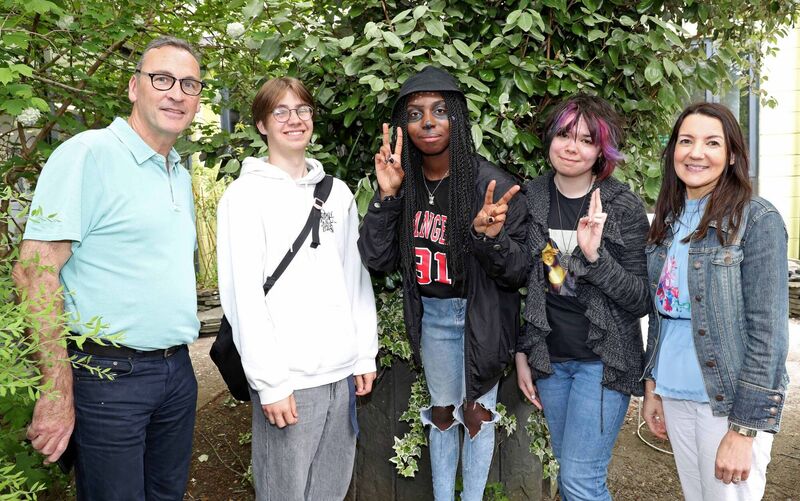 Pictured are, Niall Brophy, Martin Cizevskis, Jennifer Kouassi, Eden Kelly and Clodagh Fitzharris, all Dean Street Youthreach, at the Youthreach's Got Talent Showcase 2023. Picture: Jim Coughlan. 