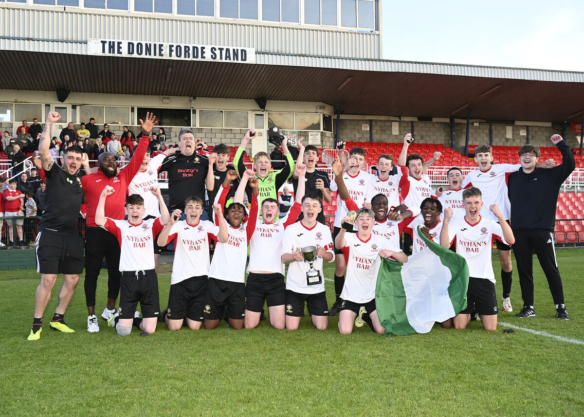 Bandon players and management celebrate their victory over Crosshaven in the U17 Tom O’Callaghan Cup Final at Turner’s Cross. Picture: Martin Walsh. Bandon players and management celebrate their victory over Crosshaven in the U17 Tom O’Callaghan Cup Final at Turner’s Cross. Picture: Martin Walsh.