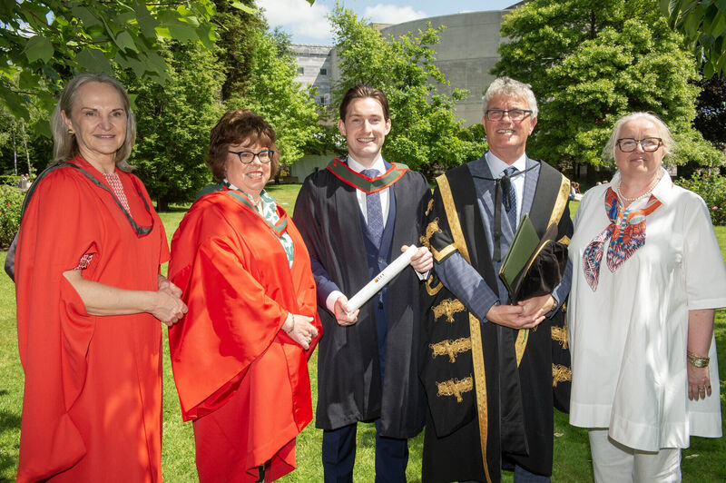 Paul O'Donovan with UCC President Prof. John O’Halloran, Prof. Paula O'Leary, Dean, School of Medicine, UCC, Prof. Helen Whelton, Head of the UCC College of Medicine and Health and Michele Power, Manager of the UCC Quercus Talented Students' Programmefollowing his graduation in BMed at UCC. Pic Michael Mac Sweeney/Provision