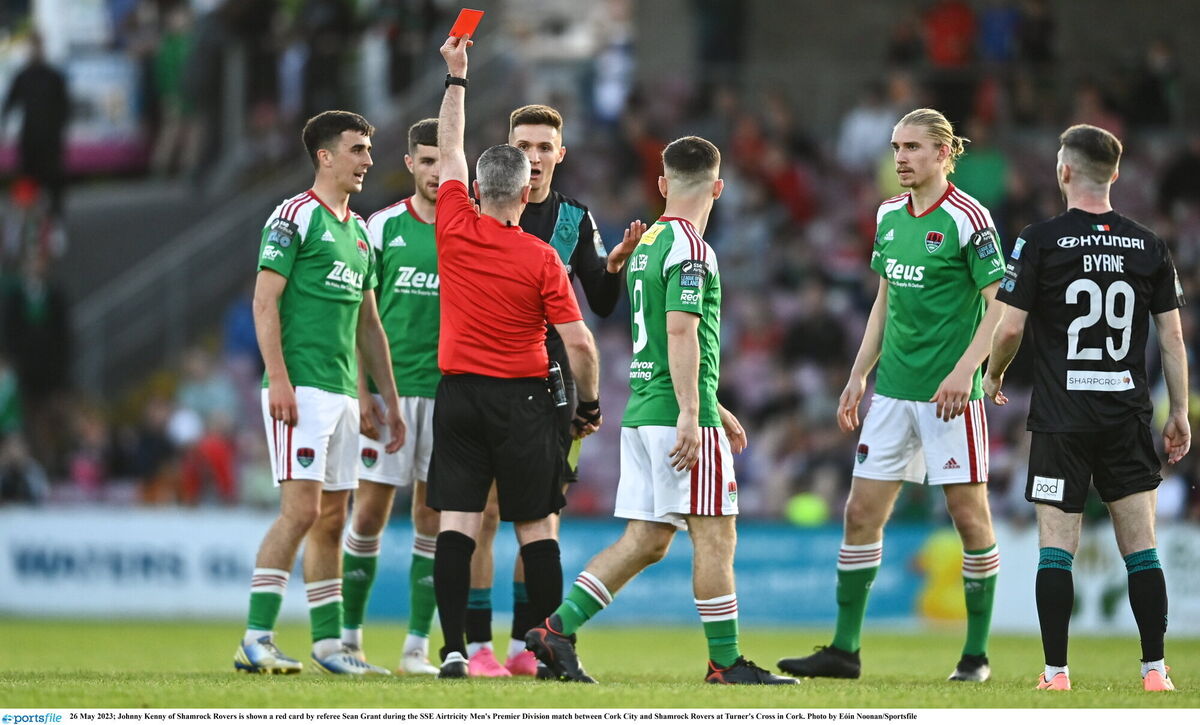 Johnny Kenny of Shamrock Rovers is shown a red card by referee Sean Grant. Picture: Eóin Noonan/Sportsfile