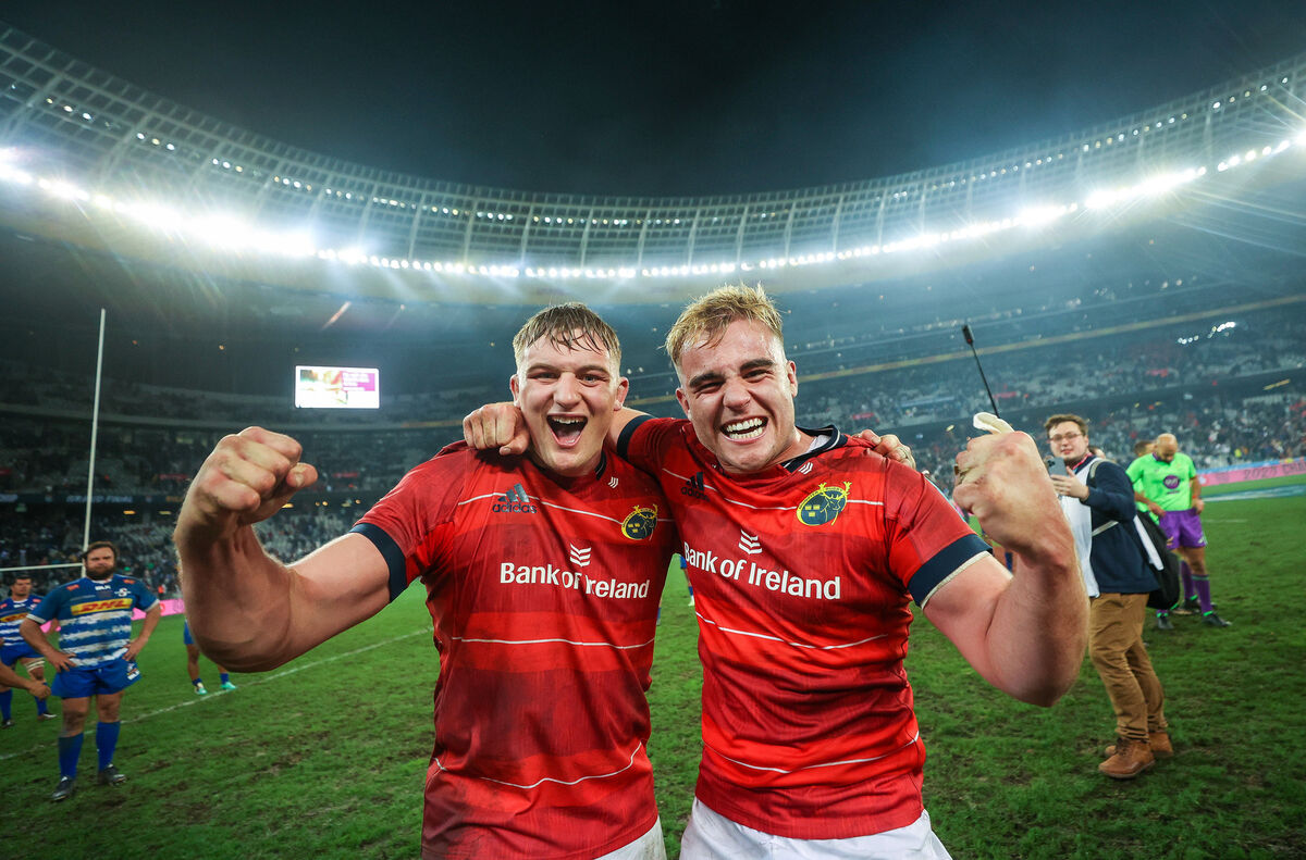 Munster’s Gavin Coombes and Alex Kendellen celebrate after the game. Picture: INPHO/James Crombie