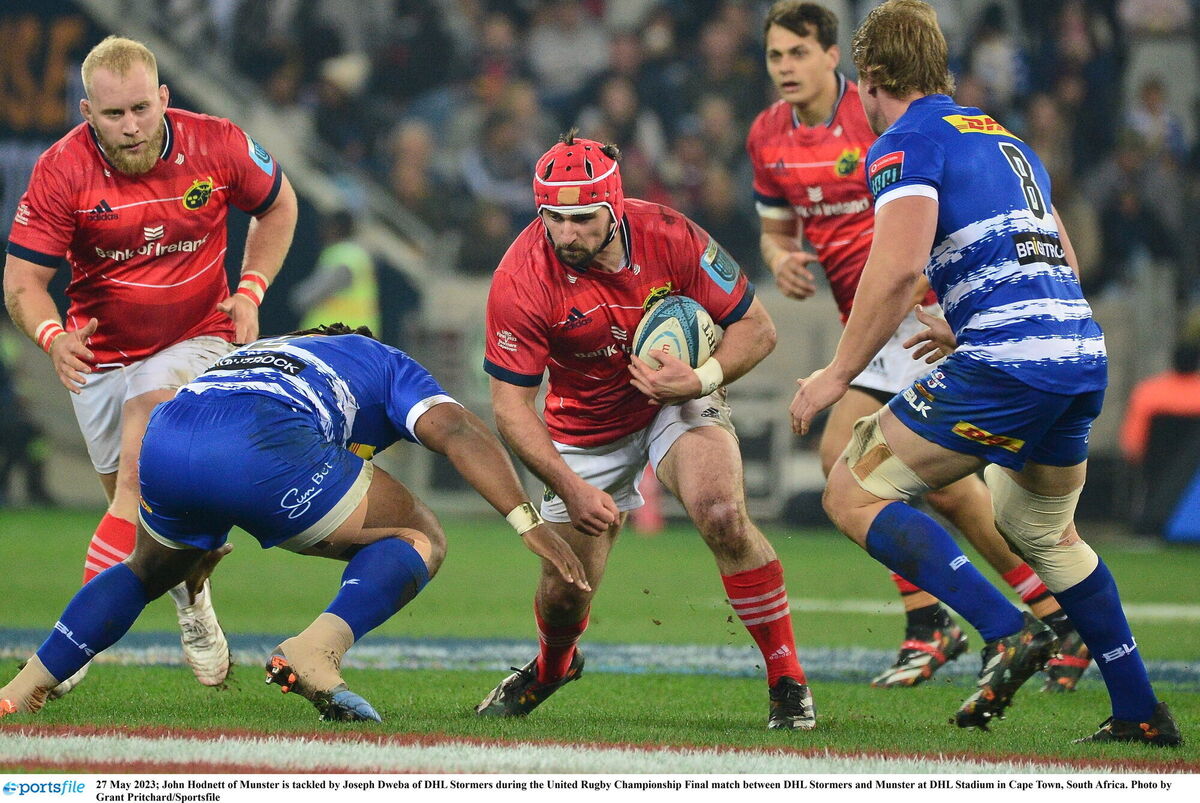 Match-winner John Hodnett of Munster is tackled by Joseph Dweba of DHL Stormers. Picture: Grant Pritchard/Sportsfile
