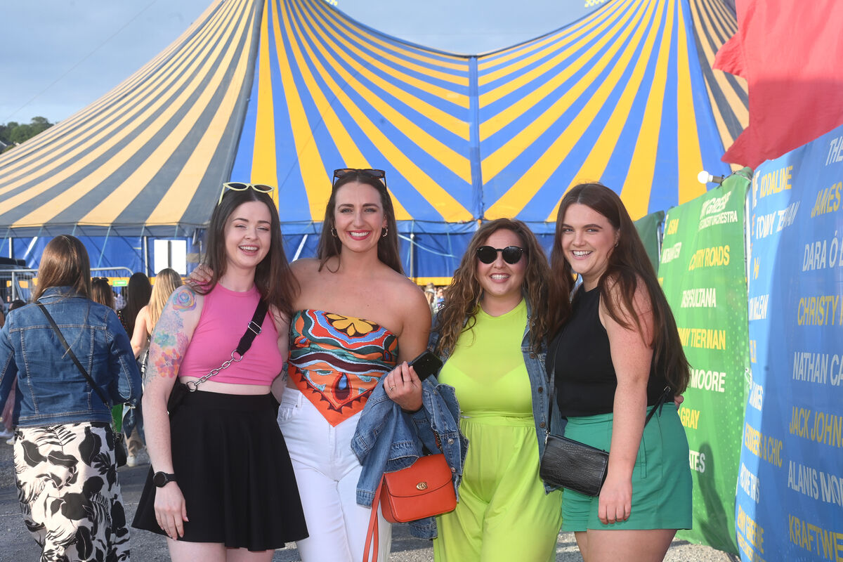  Katie Spillane, Tipperary; Ownagh (OWNAGH) Dineen, Blackrock; Aoife Mullins, Blarney Street and Mary Crossan, Leitrim attending the opening night at the Marquee. Pic Larry Cummins
