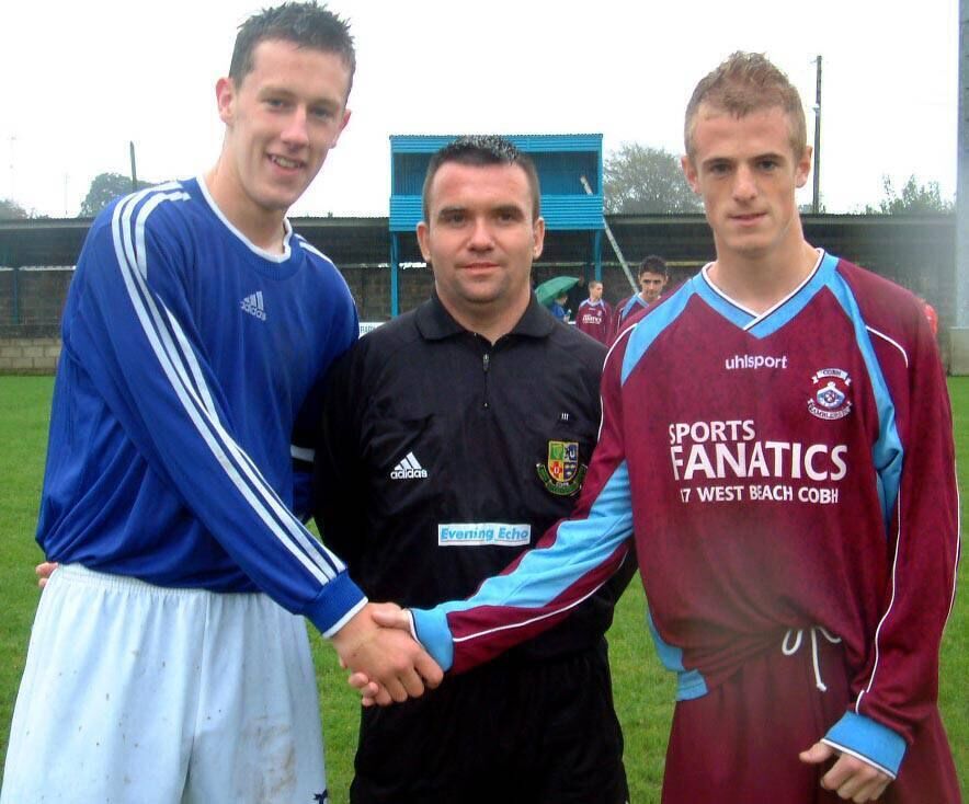 Leeds captain Keith O'Sullivan shaking hands with Cobh Ramblers captain Martin Deady, watched by referee Eddie McNally. Picture: Barry Peelo Leeds captain Keith O'Sullivan shaking hands with Cobh Ramblers captain Martin Deady, watched by referee Eddie McNally. Picture: Barry Peelo
