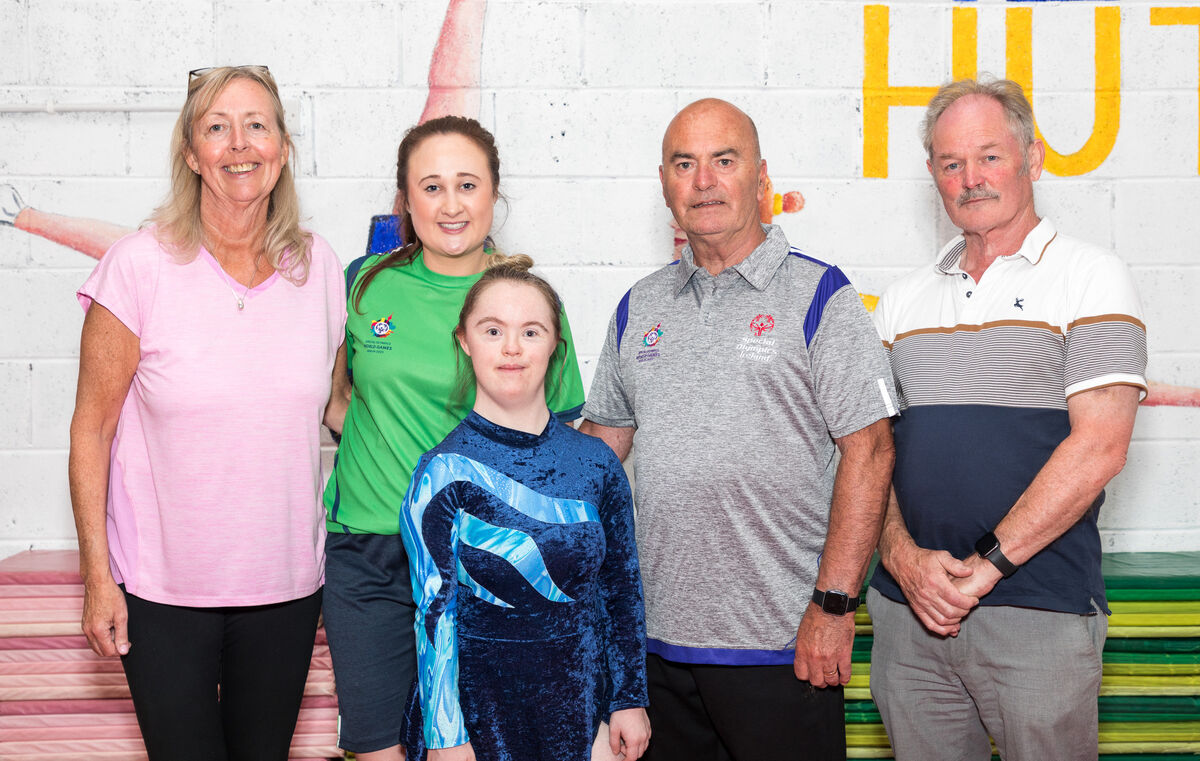 Club coach, Karen O'Halloran, Irish gym coach, Kelly Fitzgerald, Special Olympian, Jenny O'Halloran, judge, Liam O'Toole and Jenny's father Leonard O'Halloran at a training session in Carrigaline for the upcoming 2023 Special Olympics World Summer Games in Berlin. Picture: David Creedon