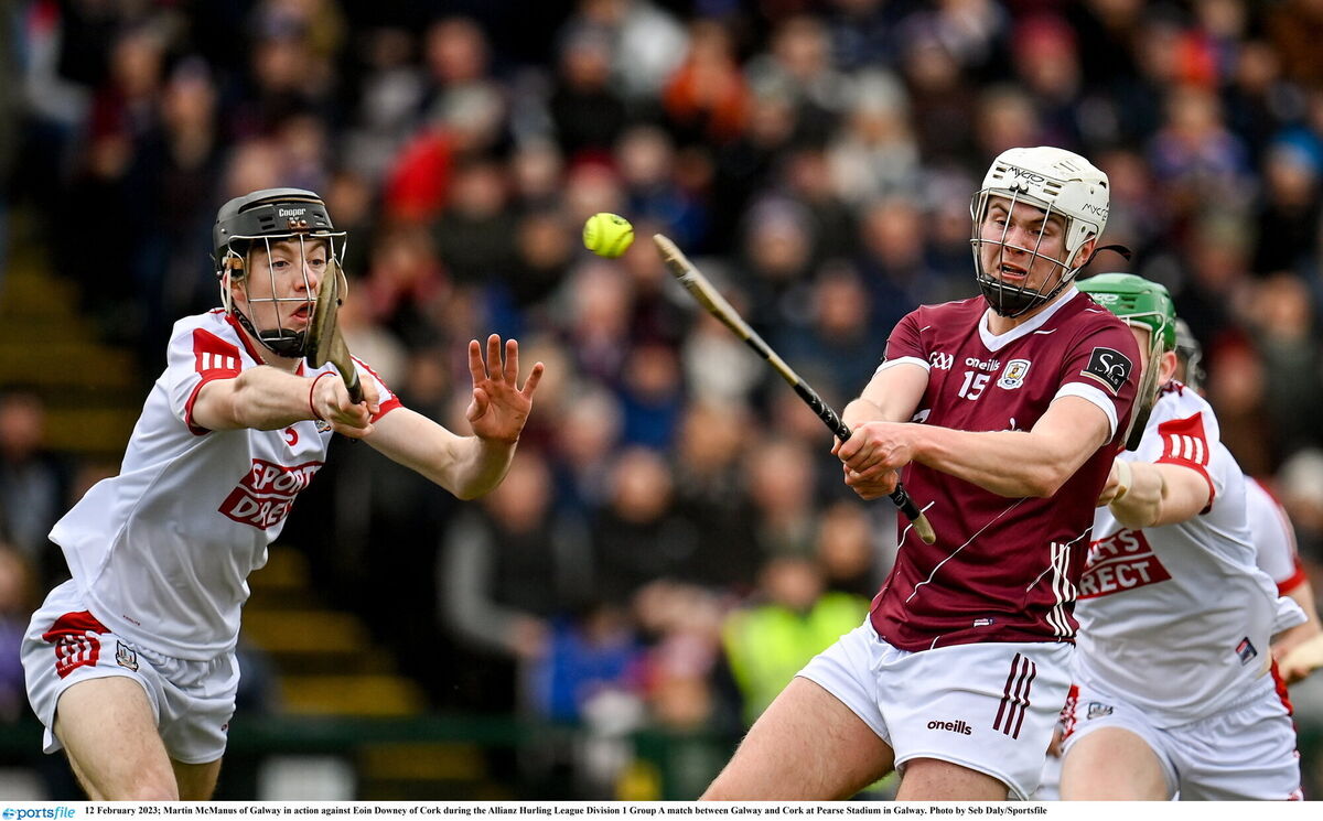 Martin McManus of Galway in action against Eoin Downey of Cork earlier this year. Picture: Seb Daly/Sportsfile