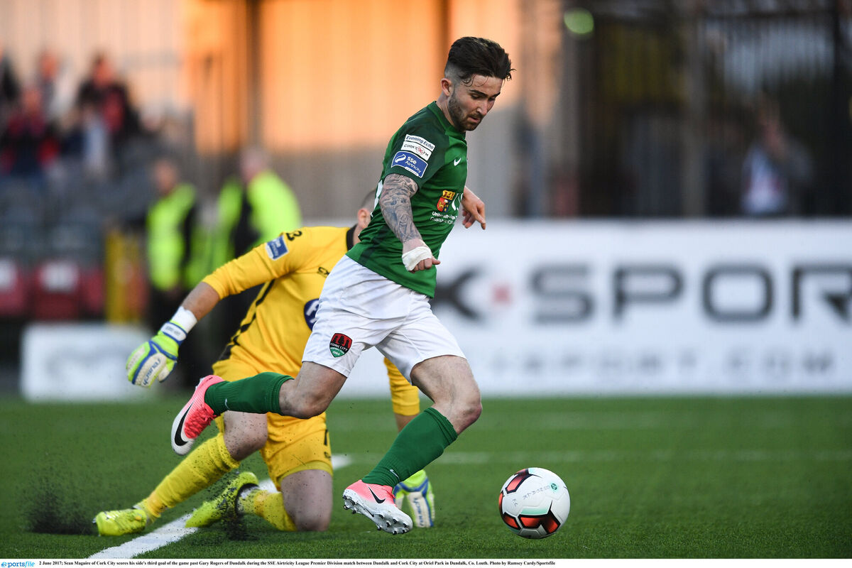 2 June 2017; Sean Maguire of Cork City scores his side's third goal of the game past Gary Rogers of Dundalk during the SSE Airtricity League Premier Division match between Dundalk and Cork City at Oriel Park in Dundalk, Co. Louth. Photo by Ramsey Cardy/Sportsfile