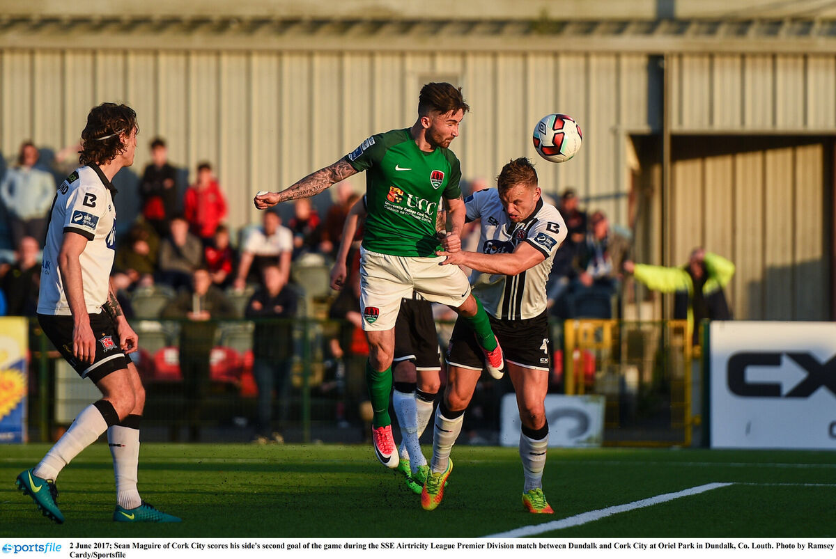 2 June 2017; Sean Maguire of Cork City scores his side's second goal of the game during the SSE Airtricity League Premier Division match between Dundalk and Cork City at Oriel Park in Dundalk, Co. Louth. Photo by Ramsey Cardy/Sportsfile