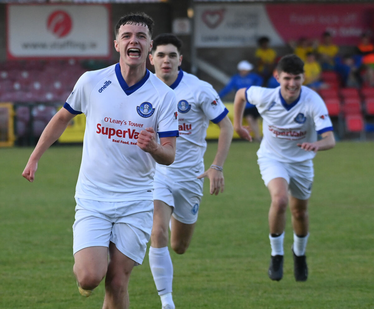 Blarney United's Darragh Bowdren celebrates his goal against Carrigline United during the under 18 Murphy cup youth final at Turner's Cross. Picture; Eddie O'Hare