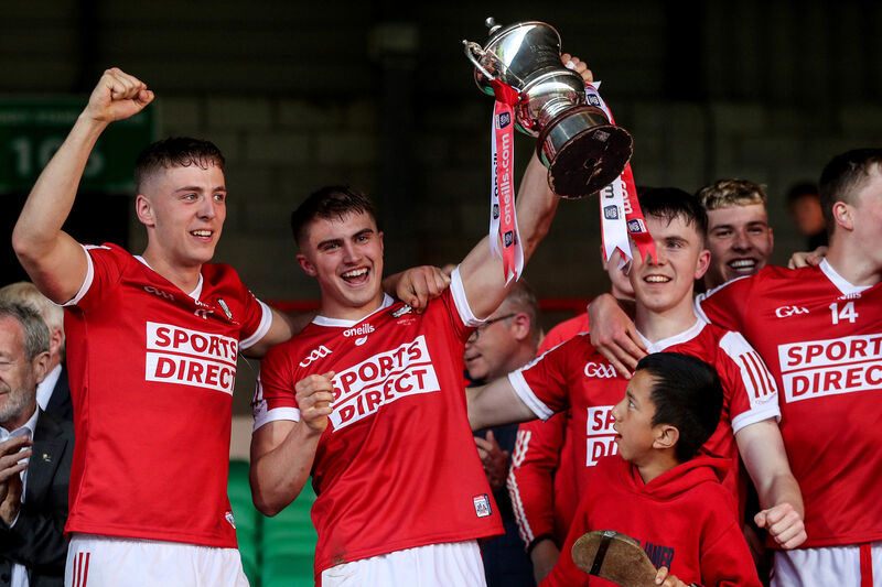 Cork captain Micheál Mullins lifts the trophy after victory over Clare in the oneills.com Munster U20HC final last month. Picture: Inpho/Ben Brady