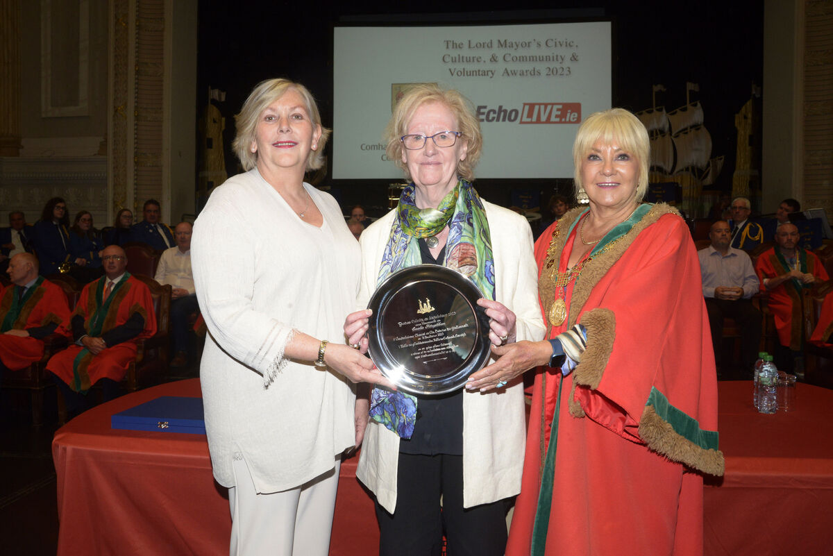 Pictured at the Lord Mayor's Community and Voluntary Awards at Cork City Hall was Emelia Fitzgibon who recieved her culture award from Ann Doherty CEO Cork city council and Lord mayor Deirdre Forde. Picture Denis Boyle Pictured at the Lord Mayor's Community and Voluntary Awards at Cork City Hall was Emelia Fitzgibon who recieved her culture award from Ann Doherty CEO Cork city council and Lord mayor Deirdre Forde. Picture Denis Boyle