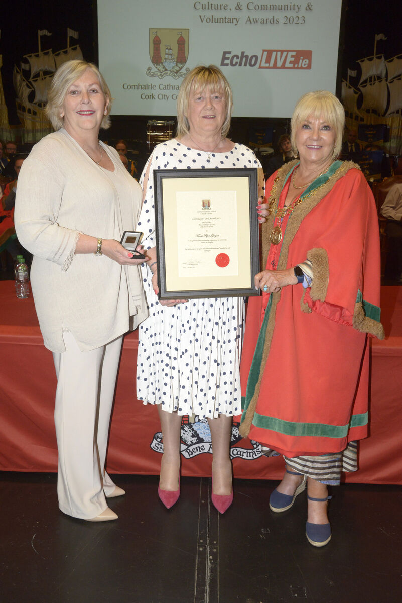 Pictured at the Lord Mayor's Community and Voluntary Awards at Cork City Hall was Marie Piper Gregan accepting her award from Ann Doherty CEO Cork city council and Lord mayor Deirdre Forde. Picture: Denis Boyle Pictured at the Lord Mayor's Community and Voluntary Awards at Cork City Hall was Marie Piper Gregan accepting her award from Ann Doherty CEO Cork city council and Lord mayor Deirdre Forde. Picture: Denis Boyle