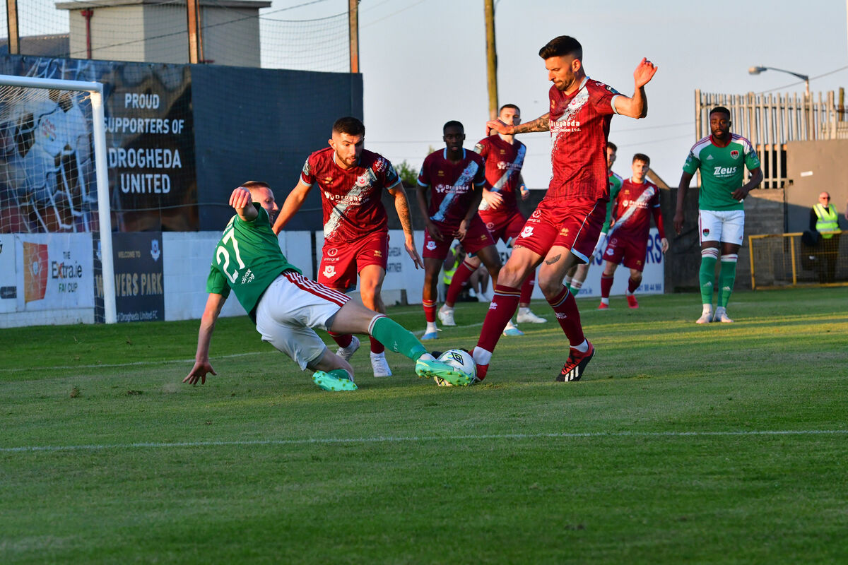  Cork City's Kevin Custovic puts in a tackle against Drogheda United's Darragh Markey. Picture: Moya Nolan