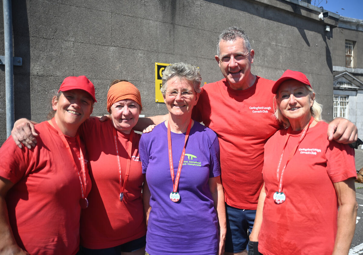 Rowers from Carlingford Lough Currach Club celebrate completing the Ocean-to-City Race on Saturday 3rd June 2023. Pic Larry Cummins Rowers from Carlingford Lough Currach Club celebrate completing the Ocean-to-City Race on Saturday 3rd June 2023. Pic Larry Cummins