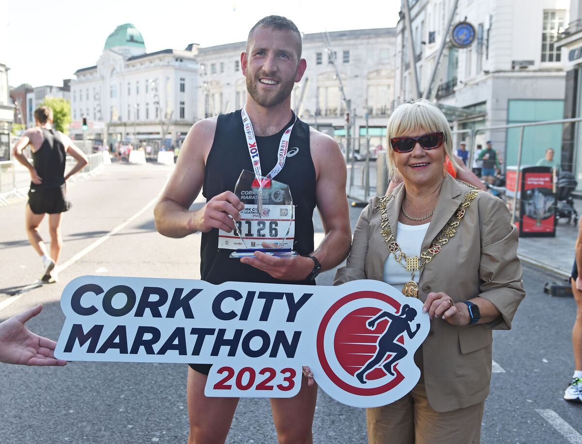 Denis Hegarty, Watergrasshill, with the Lord Mayor, Cllr Deirdre Forde, after winning the 10k race at the Cork City Marathon. Picture: Eddie O'Hare
