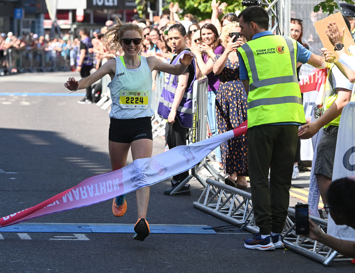 Georgie Bruinvels from the UK was the first female to cross the full marathon finish line in 2:42:15. Picture: Eddie O'Hare
