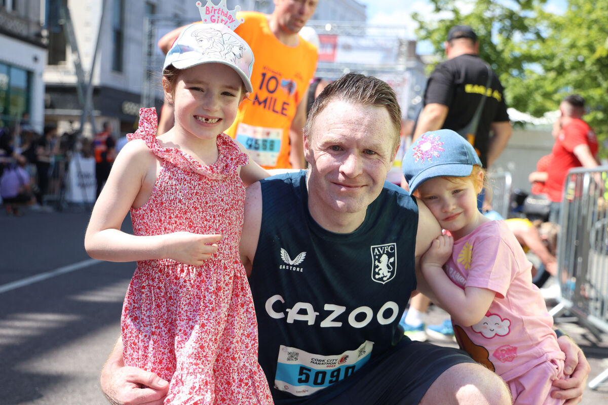 Paul Fox, Ballincollog with his children Kelly and Rebecca at the 2023 Cork City Marathon. Photo: Darragh Kane