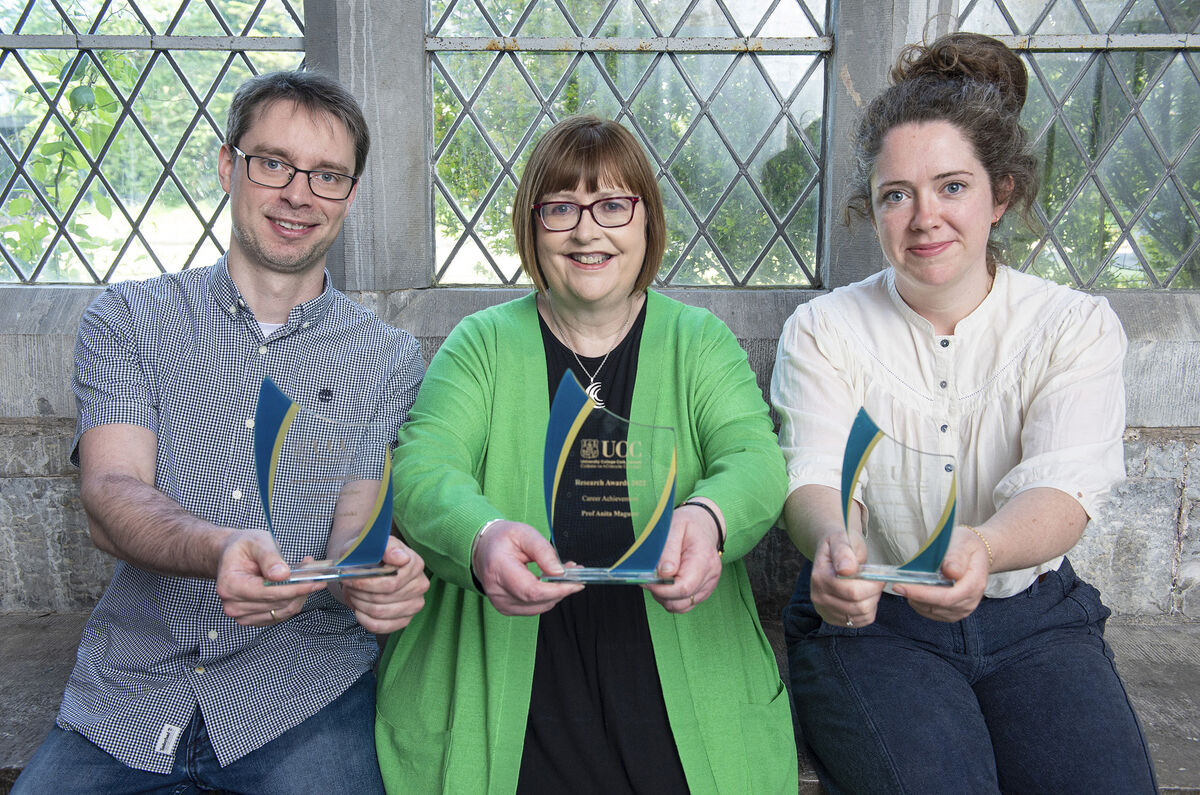 Dr Piotr Kowalski, School of Pharmacy and APC Microbiome Ireland, Early-Stage Researcher of the Year, Professor Anita Maguire, School of Chemistry and School of Pharmacy, Career Achievement Award and Professor Hannah Daly, School of Engineering and Environmental Research Institute, Research Communicator of the Year, pictured at the UCC Research Awards 2022. Pic: Gerard McCarthy.