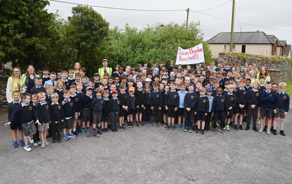 Male pupils at St Colman's NS, Cloyne, and staff pictured outside where the former boys school was during a walk as part of the school's 50th anniversary celebration of the amalgamation of the boys and girls schools. Male pupils at St Colman's NS, Cloyne, and staff pictured outside where the former boys school was during a walk as part of the school's 50th anniversary celebration of the amalgamation of the boys and girls schools.