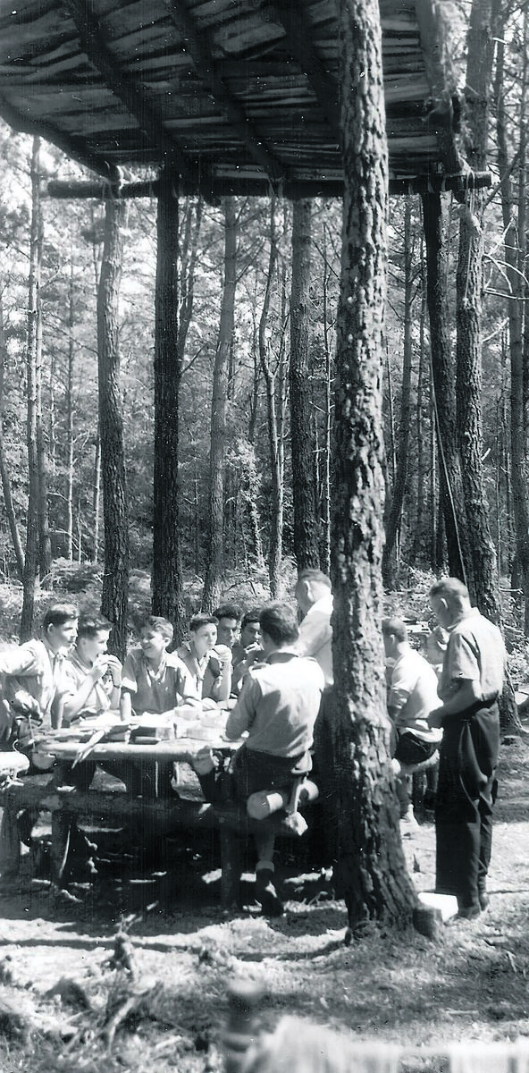 A French forest scout camp in the 1950s. Richard Mills used to go on these and recalls platforms being erected right up in the trees, and bracken piled on these platforms to make the most comfortable of beds.