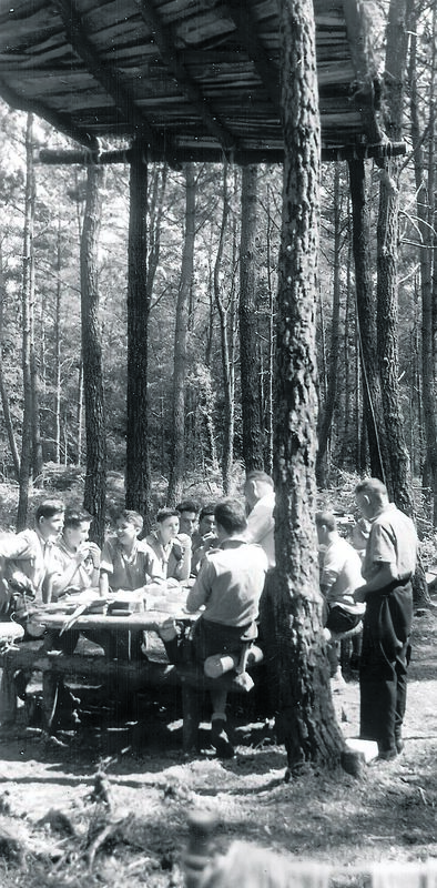 A French forest scout camp in the 1950s. Richard Mills used to go on these and recalls platforms being erected right up in the trees, and bracken piled on these platforms to make the most comfortable of beds.