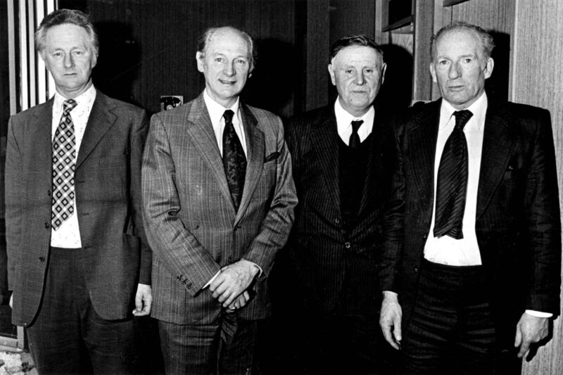 Sean Condon (left) at a reception at Jury's Hotel, Dublin, in 1979 along with Cork's 1940s hurling captains Jack Lynch, Con Buckley, and Mick Kennefick