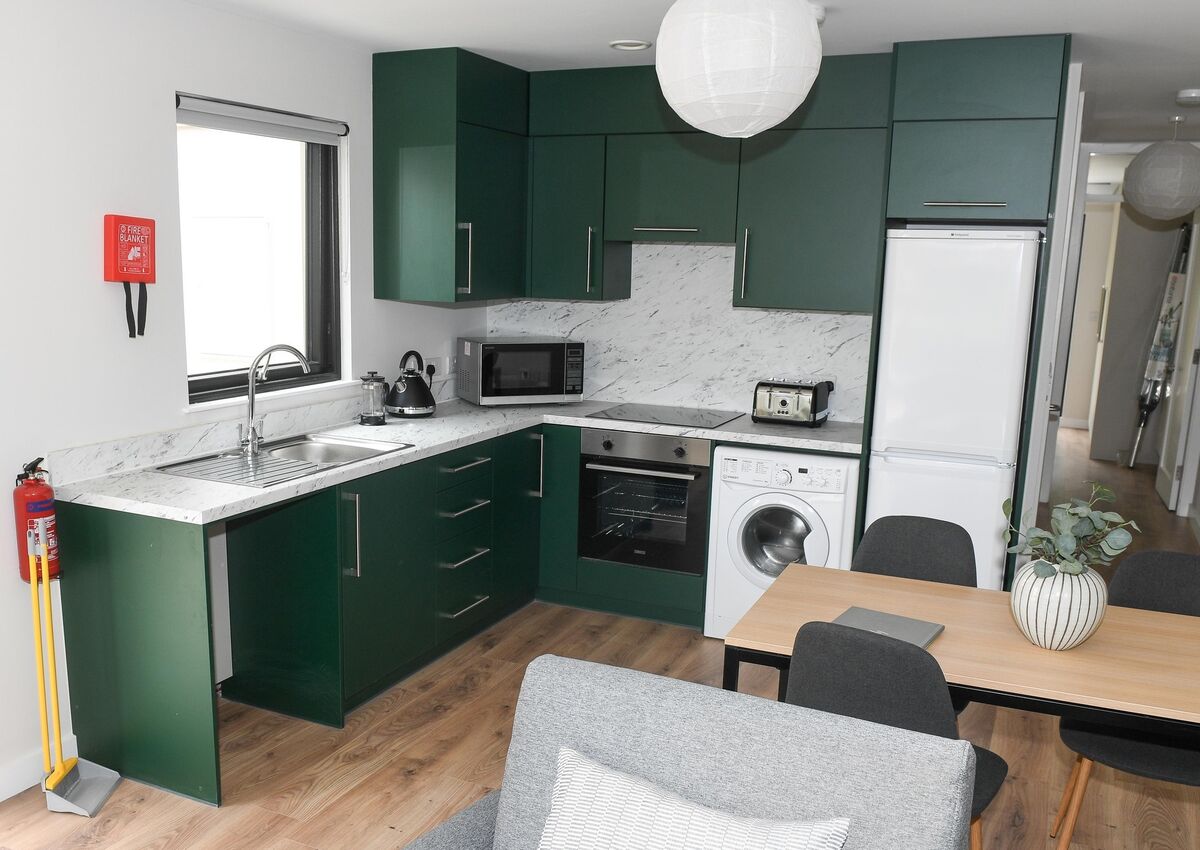 The kitchen area in one of the Rapid Build Homes for housing Ukrainians at Mahon, Cork. Picture: David Keane. The kitchen area in one of the Rapid Build Homes for housing Ukrainians at Mahon, Cork. Picture: David Keane.