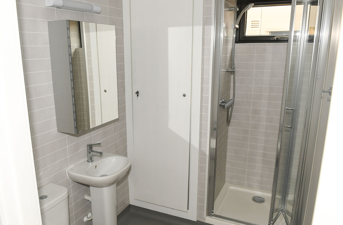 The bathroom of one of the Rapid Build Homes for housing Ukrainians at Mahon, Cork. Picture: David Keane. The bathroom of one of the Rapid Build Homes for housing Ukrainians at Mahon, Cork. Picture: David Keane.