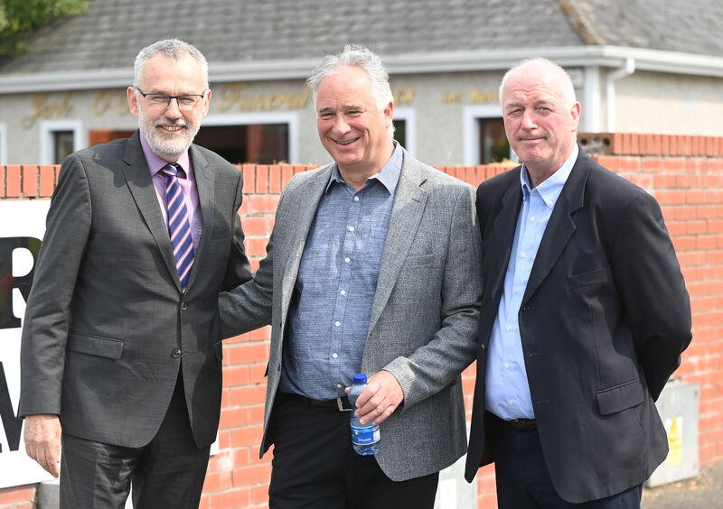GAA president Larry McCarthy with Cork All Ireland 1990 double winning captains Tomas Mulcahy, hurling and Larry Tompkins, football paying their respects to former Cork player Teddy McCarthy at Barry Bros. funeral home in Glanmire , Cork. Picture; Eddie O'Hare