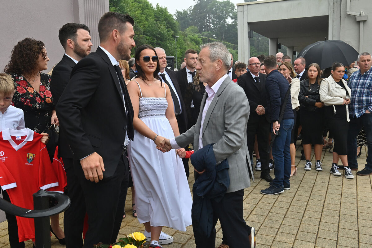 Former GAA president and MEP Seán Kelly meeting family members Cian, Niall and Sinéad McCarthy prior to Teddy McCarthy's funeral Mass at St Joseph’s Church, Springhill, Glanmire, Cork. Picture: Dan Linehan Former GAA president and MEP Seán Kelly meeting family members Cian, Niall and Sinéad McCarthy prior to Teddy McCarthy's funeral Mass at St Joseph’s Church, Springhill, Glanmire, Cork. Picture: Dan Linehan