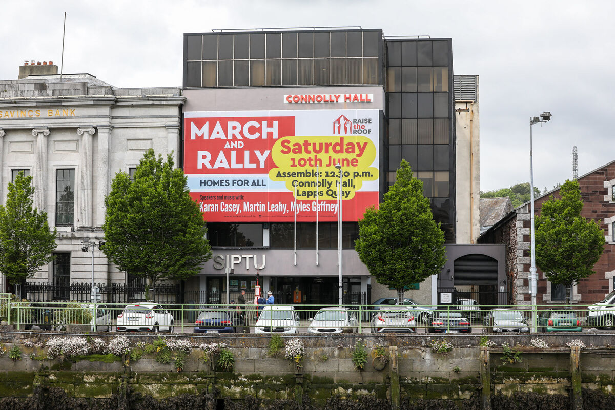 Cork City, Cork, Ireland. 19th May, 2023. The promotional banner on the frontof Connolly Hall, Cork highlighting the 'Raise the Roof' event on June 10th which focuses on the current housing crisis. - Picture; David Creedon Cork City, Cork, Ireland. 19th May, 2023. The promotional banner on the frontof Connolly Hall, Cork highlighting the 'Raise the Roof' event on June 10th which focuses on the current housing crisis. - Picture; David Creedon