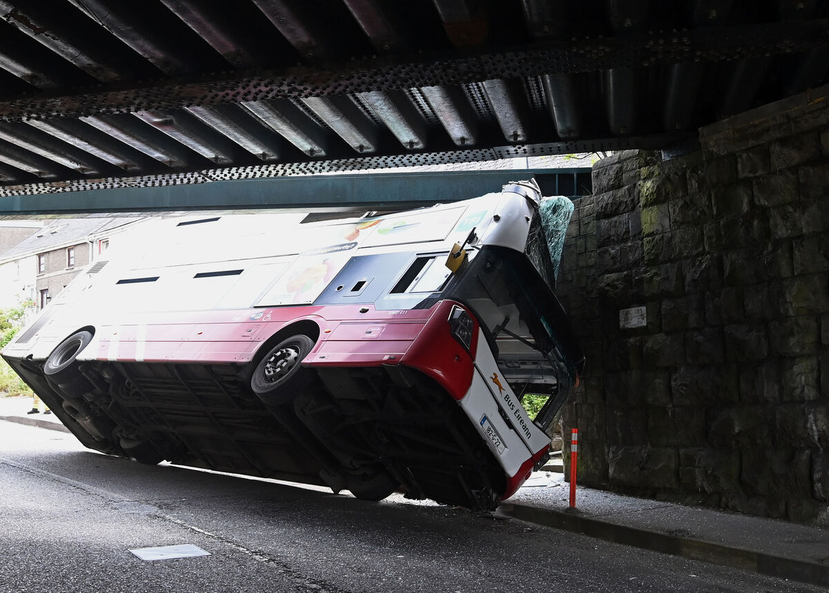 A Bus Éireann bus which collided with the crash rail at a railway bridge at Dublin Hill, Cork. Picture Denis Minihane.