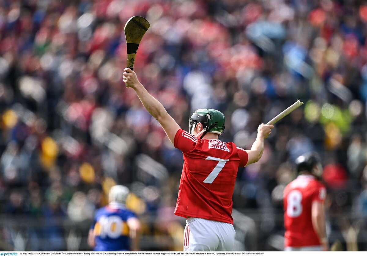 Mark Coleman looks for a replacement hurley against Tipp last season. Picture: Piaras Ó Mídheach/Sportsfile