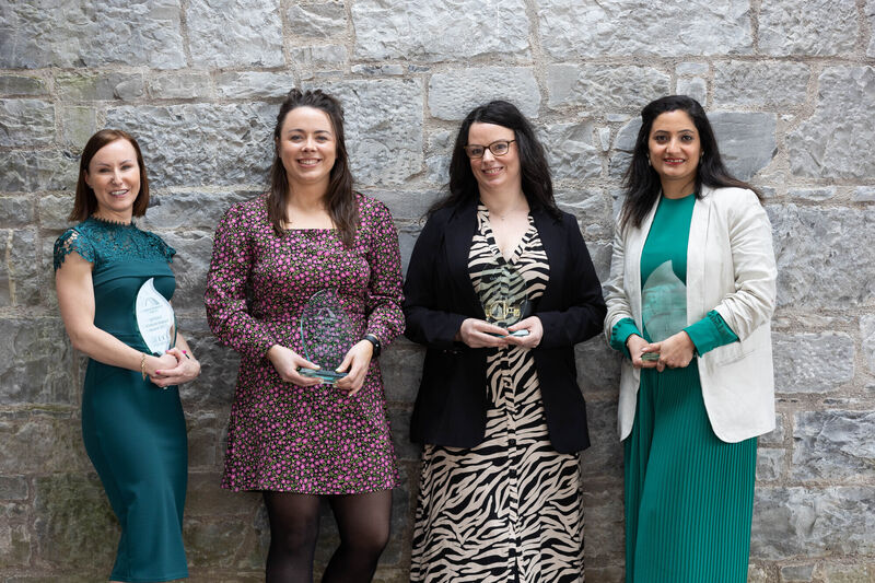 Winner of the Critical Impact Award, Dr Siobhain O’Mahony, APC Microbiome Ireland, winner of the One To Watch Award , Dr Julie O Sullivan, APC Microbiome Ireland, winner of the Disruptive technology Award Dr Brenda Long , School of Chemistry ,UCC ERI and winner of the Sustainability Award Dr Shivani Pathania, Teagasc at the 7th GatewayUCC SPRINT Awards.